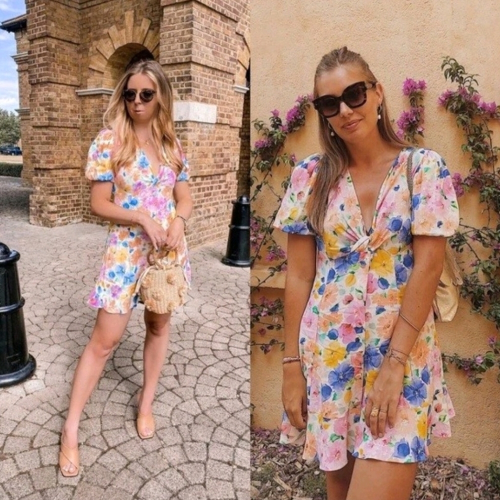Zara Peach Floral Print Dress with Multicolor Blooms M - Picture 6 of 7
